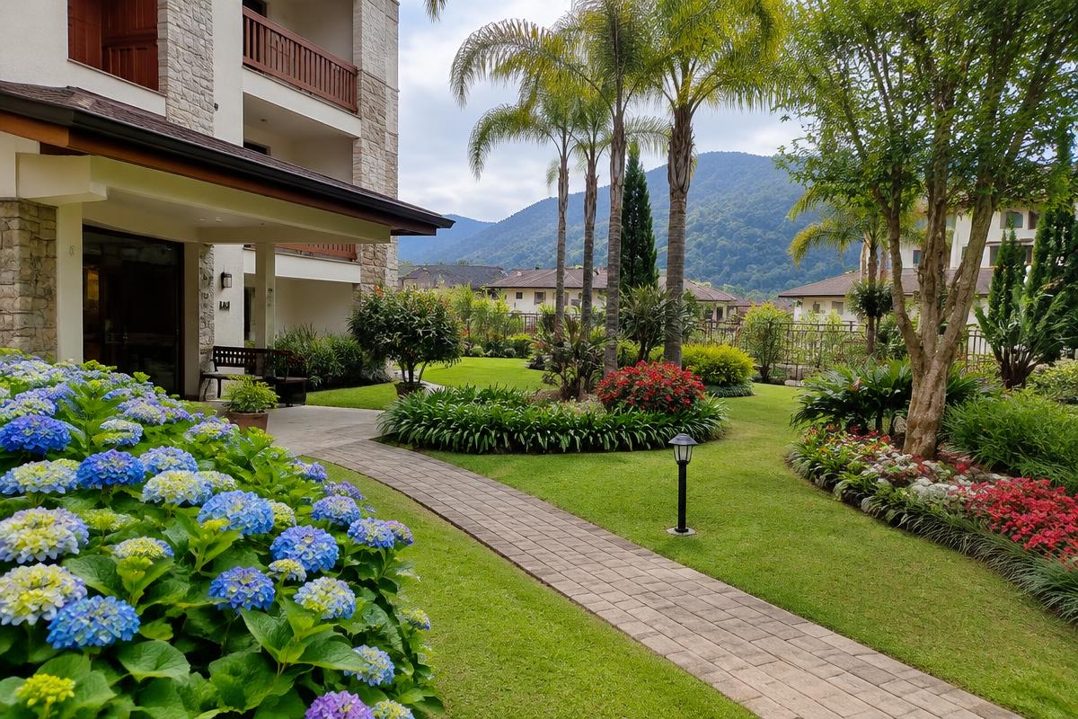 Área comum de condomínio com jardim de entrada, gramado e canteiros bem conservados na Região Serrana