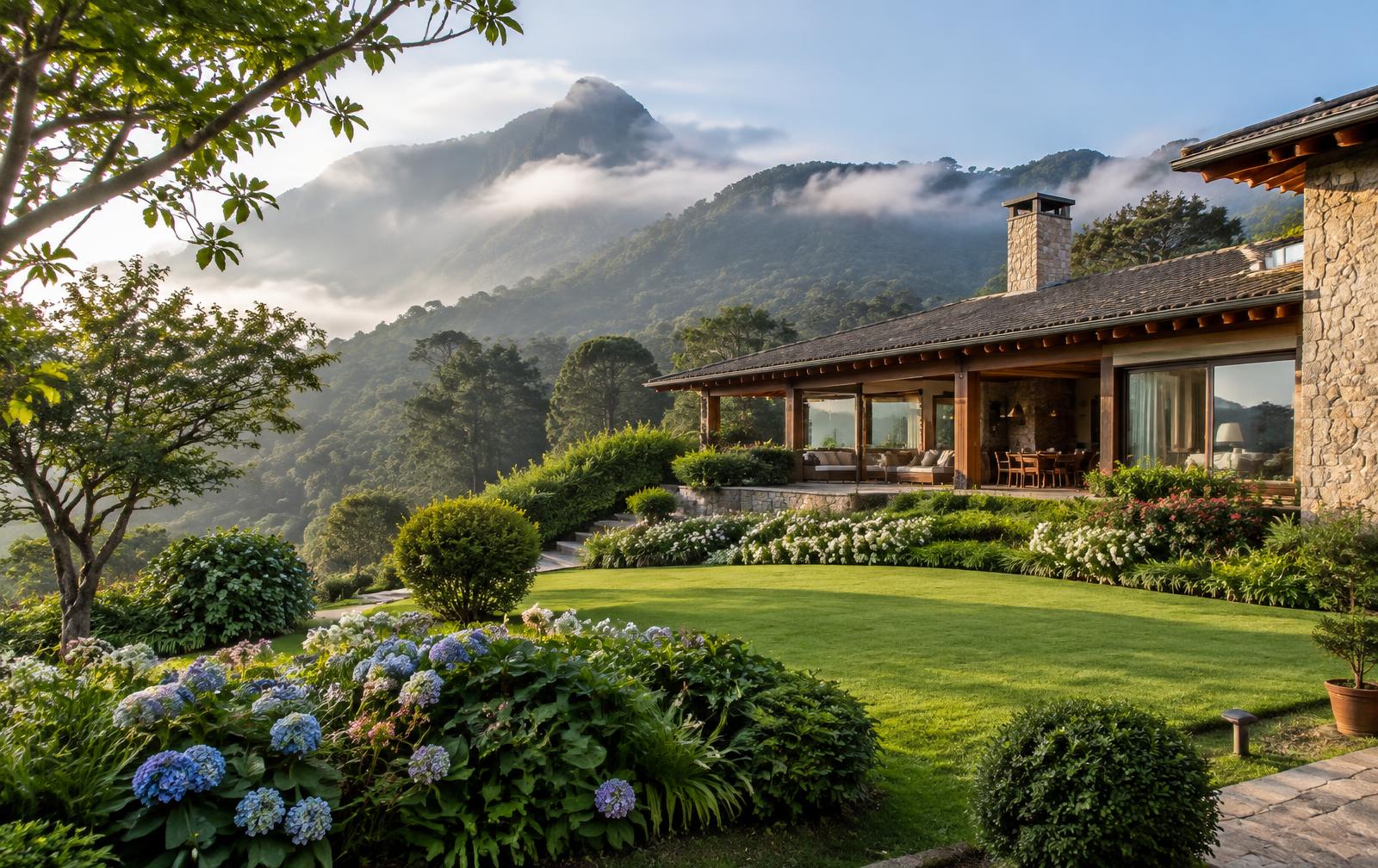Jardim residencial de alto padrão com gramado aparado e canteiros floridos em Petrópolis, com montanhas da serra ao fundo